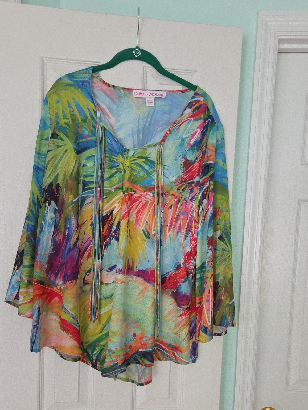 Dolcezza Tropical Print Tie-Neck Long Sleeve Top in Multi